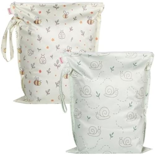HECCEI Wet Dry Bag, 2-Pack Reusable Waterproof Wet Bagsfor Swimsuits & Baby Clothes, Leakproof Cloth Diaper Wet Bags for Travel & Diaper Changes (Garden Friend)