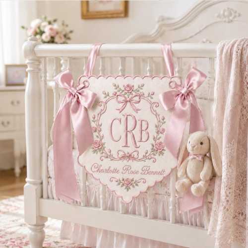 Personalized Crib Rail Banner, Custom Embroidered Baby Name Banner, Floral Monogram Crib Decor, Baby Nursery Keepsake Gift