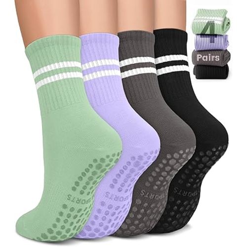 Pilates Socks for Women, Non Slip Grip Socks for Yoga, Barre, Hospital, Grippy Socks Womens Gifts, 4 Pairs
