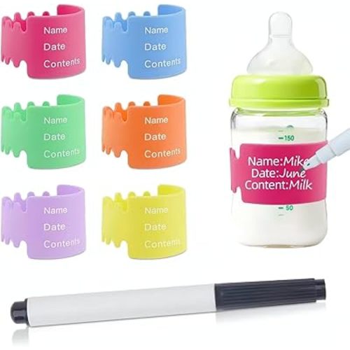 6PCS Bottle Labels Daycare Reusable, Waterproof Silicone Baby Bottle Labels for Daycare,Write and Reuse Sippy Cup Bands Baby Bottle Labels with Marker(6 Color)