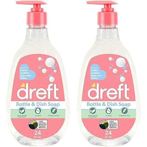 Dreft Baby, Bottle and Dish Soap, Removes Milk Film & Odor, Plant Based, Fragrance Free, Travel Size Bottles, 24 Fl Oz (Pack of 2)