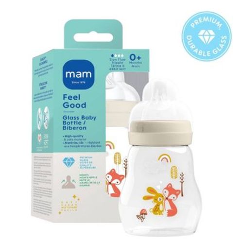 MAM Feel Good Glass Baby Bottle - Cream/Clear - 6 fl oz: BPA-Free, BPS-Free, Silicone Nipple, Level 1 Flow