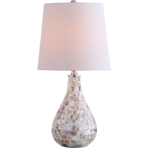 JONATHAN Y 20.5" Seashell Coastal Mini LED Table Lamp for Living Room Office, White Linen Drum Shade, Modern Mother of Pearl Bedside Nightstand Lamp, LED Bulb Included JYL1024A