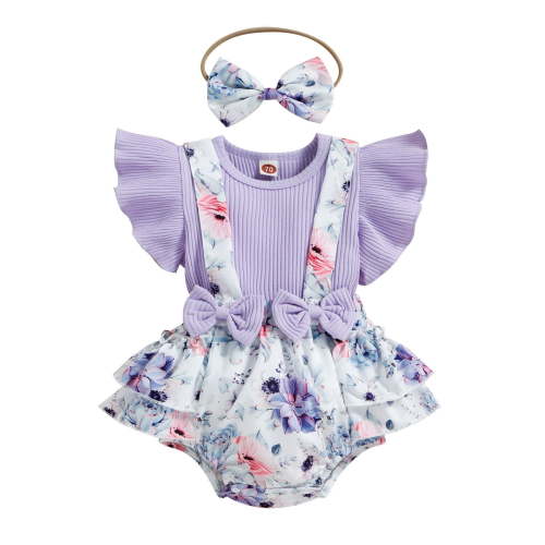 Yammkia Baby Girl Clothes Summer Outfit Romper Skirt Ruffle Sleeve Cute Bow Headband Bodysuit Set,Purple 6-9 Months