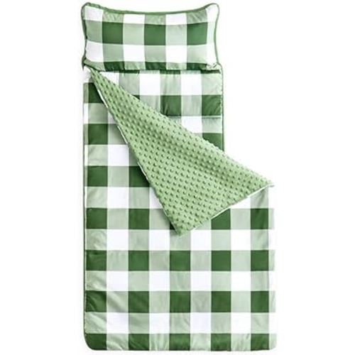 Wake In Cloud - Toddler Nap Mat with Pillow and Minky Fleece Blanket, for Kids Boys Girls in Daycare Preschool Kindergarten, Roll Up Sleeping Bag, Buffalo Check Plaid, Olive Green White, Standard