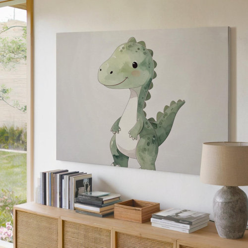 Trinx Adorable Baby Dinosaur Canvaswhimsical Green Dino For Kids Room Decor Canvas Wall Art Ready To Hang Gallery Wrapped Home Decor Modern Design | Wayfair