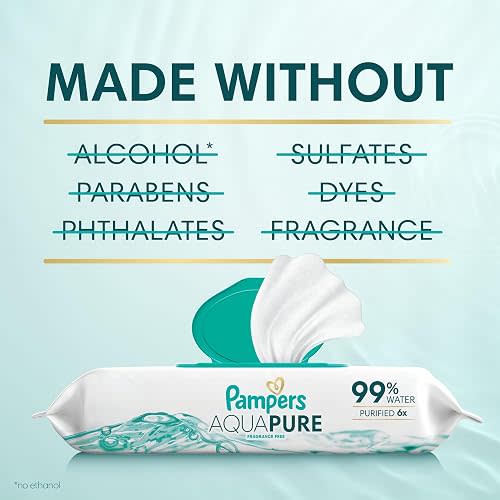 Pampers Aqua Pure Baby Wipes, 99% Water, Fragrance Free, Unscented, Water Based, Multi-Use, 896 Wipes Total (16X Flip-Top Packs) [Packaging May Vary]