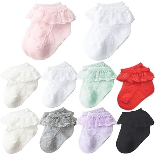 Baby Girl Lace Socks 10 Pack - Newborn Ruffle Frilly Socks Cotton Ankle Dress Sock for Infant Baptism 0-12 Months