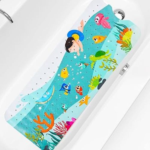 Baby Bath Mat for Tub Non Slip Kids Bathtub Mat Extra Long 40X16 Inch Toddler Bath Tub Shower Mat Anti Slip with Suction Cups & Drain Holes, Machine Washable,Seaworld
