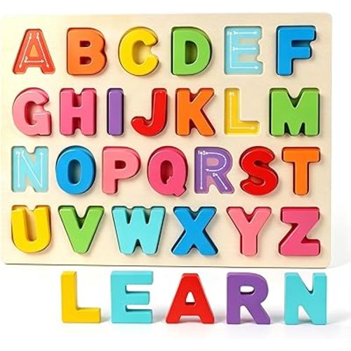 LovesTown Rompecabezas de madera del alfabeto, tablero de aprendizaje ABC para construir habilidades previas a la lectura con bloques de letras, juegos a juego juguetes para niños de guardería en casa