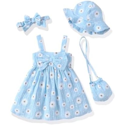 Toddler Girl Summer Dress Infant Baby Girl Casual Clothes Sleeveless Bowknot Beach Sundress with Hat