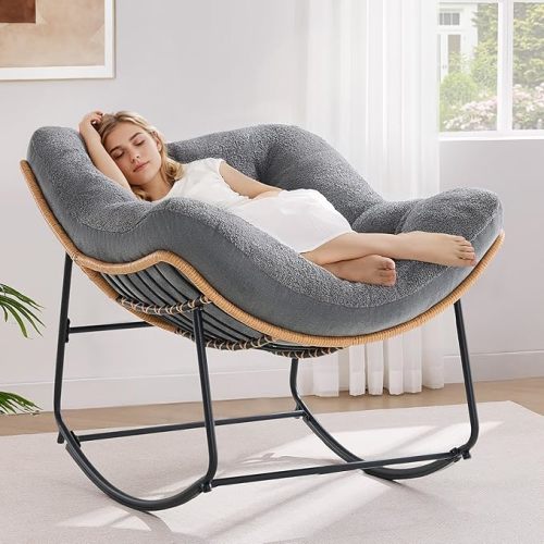 ONBRILL Outdoor Rocking Chairs, Oversized Papasan Rocking Chair Indoors with Padded Cushions, Rattan Wicker Lounge Chair for Living Room, Porch, Patio, Garden, Gray
