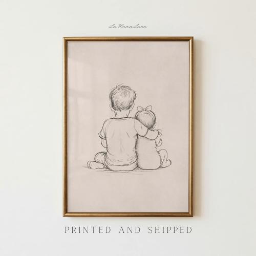 Big Brother and Little Sister Art Print - Antique Sketch Nursery Decor - Siblings Wall Art - New Baby Gift