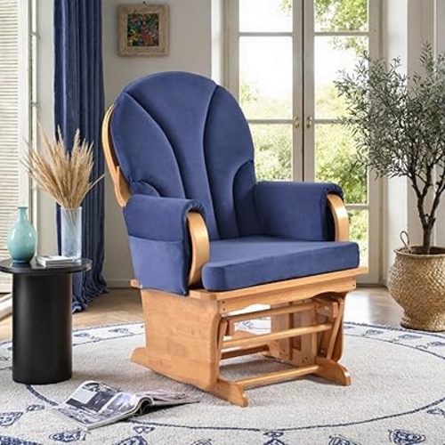 Wood Base Glider Rocker Chair, Baby Feeding and Rocking Chair Nursery Rocking Chairs with Silent Swing Solid Hardwood Base for Nursery, Living Room, Bedroom, Classroom(Beech Wood Blue)