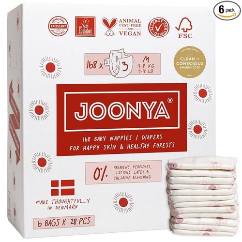 Joonya Baby Diapers, Size 3 M (9-18 lb) - 6 Bags of 28 (168) - Non Toxic, Eco-Friendly, High Absorbency, Overnight Use, Ultra Slim & Soft - Made in Denmark