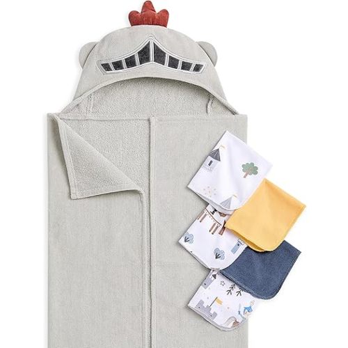 Evolur Good Knight 6 pc Baby Gift Set, Includes Hooded Towel & 5pc Wash Cloths, Soft and 100% Cotton Woven, for Newborn, Infants and Toddlers 0-9 Months