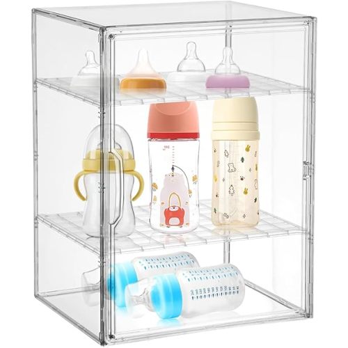Baby Bottle Organizer 3-Tier Clear Acrylic Baby Bottle Storage Organizer for Countertop Cabinet Bottles Storage Station Case Box Container for Nipples Pump Parts Food Jars