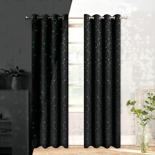 Black Blackout Curtains for Bedroom,Room Darkening Curtains 63 inch Length,Black Out Curtains for Living Room,Glow in The Dark Blackout Curtains,52 in Wide Curtains,2 Panels,Star