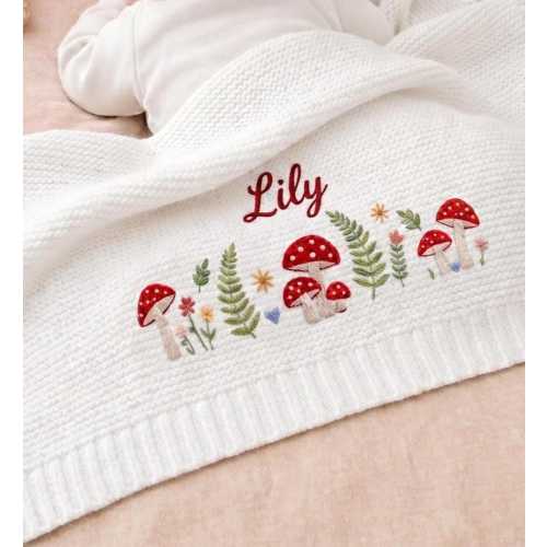 Mushroom Wildflower Custom Name Embroidered Blanket, Personalized Cottagecore Flowers, Newborn Gift, Baby Keepsake Gift