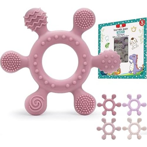 Baby Rudder Teether 4 Pack | 6 Teeth Contact Points Silicone Teether Toy for Baby, Reaches Front, Back, and All New Teeth Types, Easy to Hold, BPA-Free (Baby Girl)