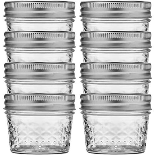 Ball Wide Mouth Quilted Crystal Jelly Jars with Lids and Bands, Used for Canning, Pickling, Juice, Jam, Jelly, Quarter Pint Size (4 Ounce (Pack of 8))