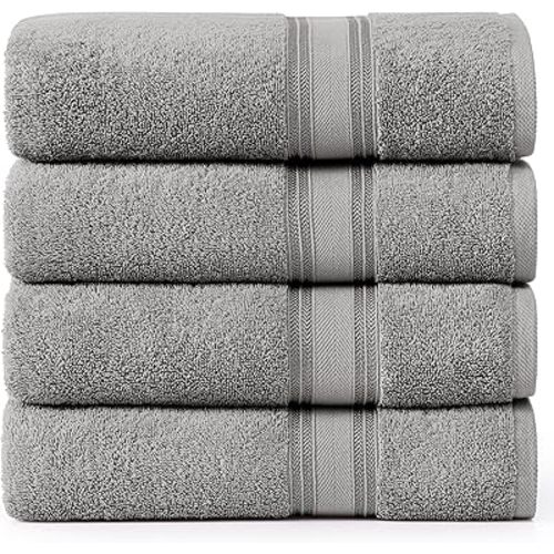 LANE LINEN 100% Cotton Bath Towels Set of 4 (28"x54") - Zero Twist, Mercerized Cotton Extra Large Bathroom Towel Sets - Quick Dry, Soft & Absorbent Grey Towels Set - Pre Shrunk, Fade Resistant - Grey