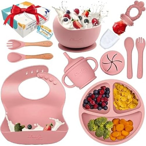 Silicone Baby Feeding Set, Suction Plates Bowls Bibs for Self Feeding –Pink