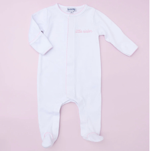Baby Girl Little Sister Footie - Pima Cotton - Embroidered - Magnolia Baby