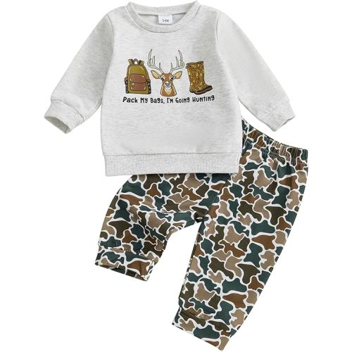 PUHHAPIEY Toddler Boy Fall Winter Clothes Baby Camo Hunting Outfits Retro Pullover Sweatshirts + Camouflage Pants Set