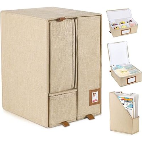 Baby Keepsake Box - Fabric Bound Acid-Free Document Organizer With Labels for Newborn Memories, Pregnancy, Baby Shower, and School Years - Storage Box With Lids