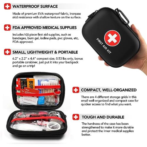 Mini First Aid Kit, 100 Pieces Water-Resistant Hard Shell Small Case - Perfect for Travel, Outdoor, Home, Office, Camping, Hiking, Car (Black)