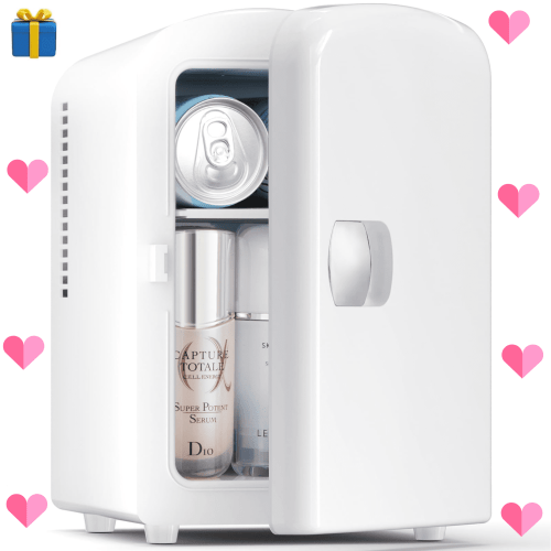 Auseo Mini Portable Fridge Personal, Countertop, 4L/6 Cans, Cooler Small Refrigerator, AC/DC, Option for Skincare, Makeup, Drinks, Dorm Room, White