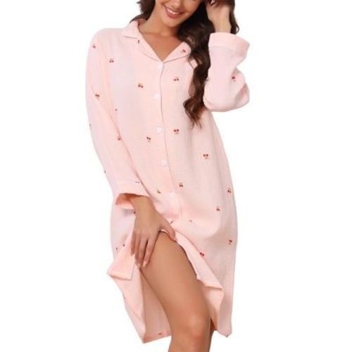 INSPIRE CHIC Women's Cotton Sleepdress Long Sleeve Button Down Lapel Collar Patch Pocket Pattern Nightgown Large Light Pink