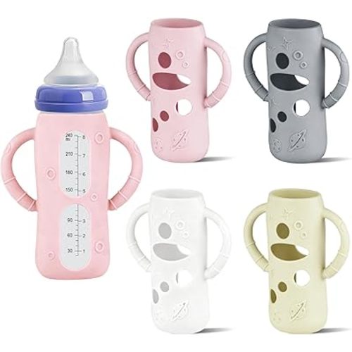 Lionpower 4 Pack Silicone Sleeves for Lansinoh Glass Bottles 8oz – Protective Shockproof Covers with Handle, Non-Slip Baby Bottle Holder, Compatible with Lansinoh Bottles (Grey+Pink+Beige+White(8OZ))