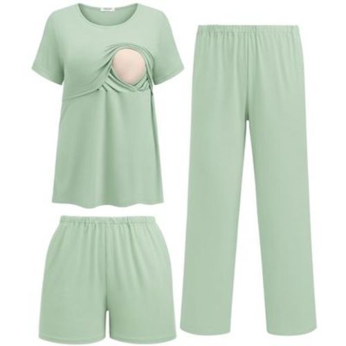 Ekouaer 3 Piece Postpartum Nursing Pajamas Set Short Sleeve Breastfeeding Shirts Pregnancy Shorts & Pants Maternity Pjs Light Green XL