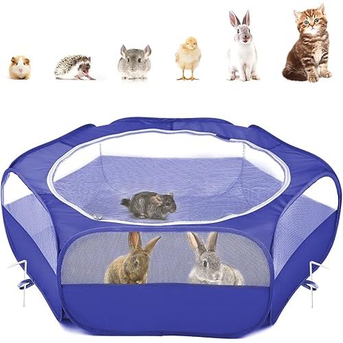 Pawaboo Small Animals Playpen, Waterproof Small Pet Cage Tent with Zippered Cover, Portable Outdoor Yard Fence with 3 Metal Rod for Chick/Kitten/Puppy/Guinea Pig/Rabbits/Hamster/Chinchillas,Indigo
