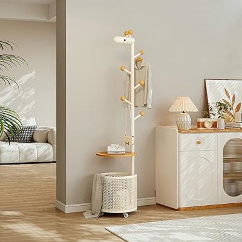 SYO Giraffe-Shaped Coat Rack with Storage Basket and Side Table, Rolling Clothes Organizer, Solid Wood Ball Hooks, Beige, 71.65 in