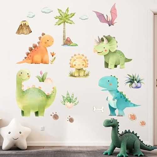 Dinosaur Wall Decals - Tropic Palm Tree Dino Wall Stickers - Boys Kids Bedroom Baby Nursery Daycare Playroom Wall Decor