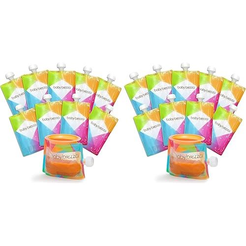 Baby Brezza Reusable Baby Food Storage Pouches,7oz - Make Organic Food Puree for Kids or Toddlers and Store in Refillable Squeeze Pouches,Bulk Set is Freezer Safe & Washable,10 Count (Pack of 2)
