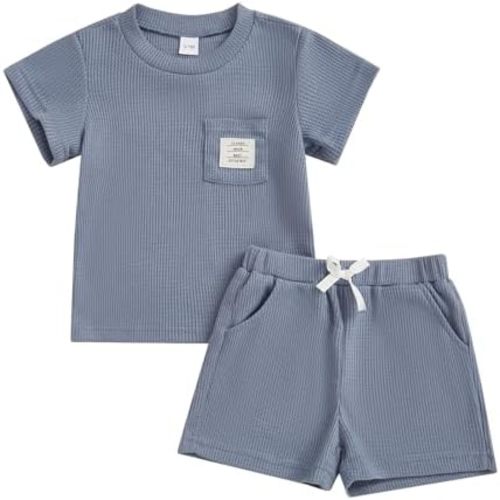 Toddler Baby Boy Summer Clothes Solid Color Waffle Short Sleeve T-shirt Shorts Set Infant Summer Outfit 2pcs