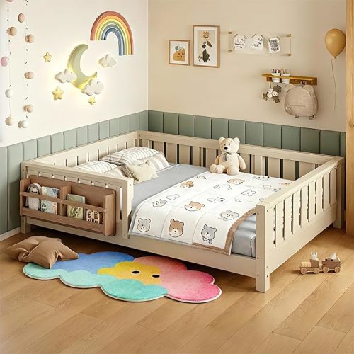 Bellemave Full Size Floor Bed Frame with Fence & Bookshelf, Solid Pinewood Montessori Floor Bed Full with Slats Load 450LBS, Low Profile Floor Bed for Kids, Bedroom, Nursery, Easy Assembly, Oak Brown