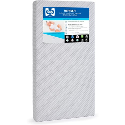 SEALY BABY Refresh Breathable Crib Mattress, GREENGUARD Gold Certified, Made in USA, Removable Knit Cover, 2 Stage, Toddler Bed Fit, Safety & Quality Tested, 52x28