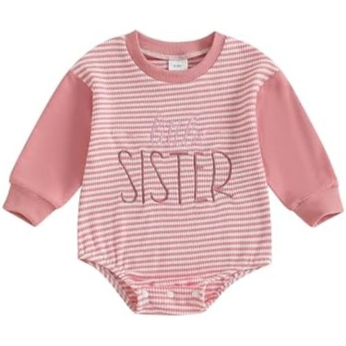 BeQeuewll Fall Toddler Baby Boy Girl Clothes Sister Brother Matching Outfit Letter Print Long Sleeve Sweatshirt Bubble Romper