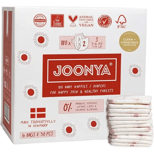 Joonya Baby Diapers, Size 2 S (7-13 lb) - 1 Bag of 30 - Non Toxic, Eco-Friendly, High Absorbency, Overnight Use, Ultra Slim & Soft - Made in Denmark