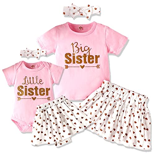 AMAWMW Big Sister Little Sister Matching Outfits Toddler Baby Girl Summer Clothes Short Sleeve Romper Ruffle Skirt 3PC Set