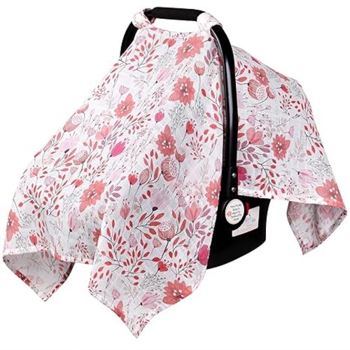 Rquite Muslin Car Seat Cover Baby, Carseat Covers Baby Girl Boy, Breathable Lightweight Infant Car Seat Cover, Baby Carrier Cover Car Seat Canopy Stroller Sun Shade for Summer & Hot Day, Universal Fit