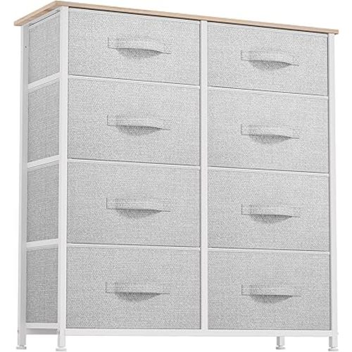 DWVO Fabric Dresser for Bedroom, Tall Dresser with 8 Drawers, Storage Tower with Fabric Bins, Chest of Drawers for Closet & Living Room - Sturdy Steel Frame, Wooden Top