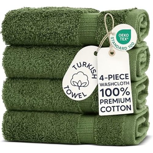 Chakir Turkish Linens 100% Cotton 4-Pack Washcloths 13x13, Moss