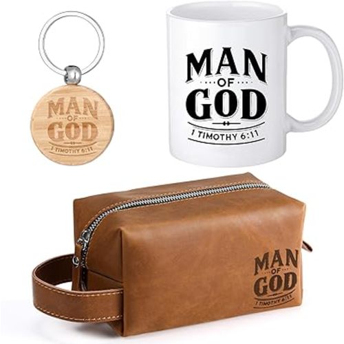 Shinylin 3 Pcs Father's Day Man of God Gifts for Men Christian 11.2oz Inspirational Coffee Mug Religious Bible Verse Leather Toiletry Bag Scripture Keychain for Dad Pastors Church Gift(Classic Color)