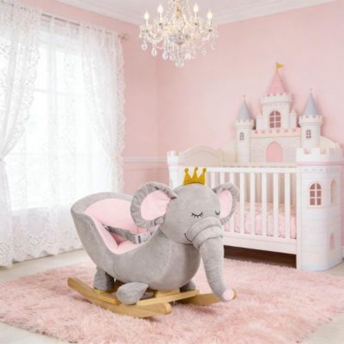 FONTOI Baby Bouncers and Rockers Soft Plush Elephant Rocker with Solid Wooden Base Comfortable and Safe, for Indoor, Gray, 23.5"*13"*17.8"